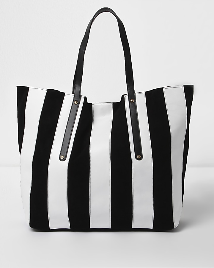 Black and white stripe leather tote bag