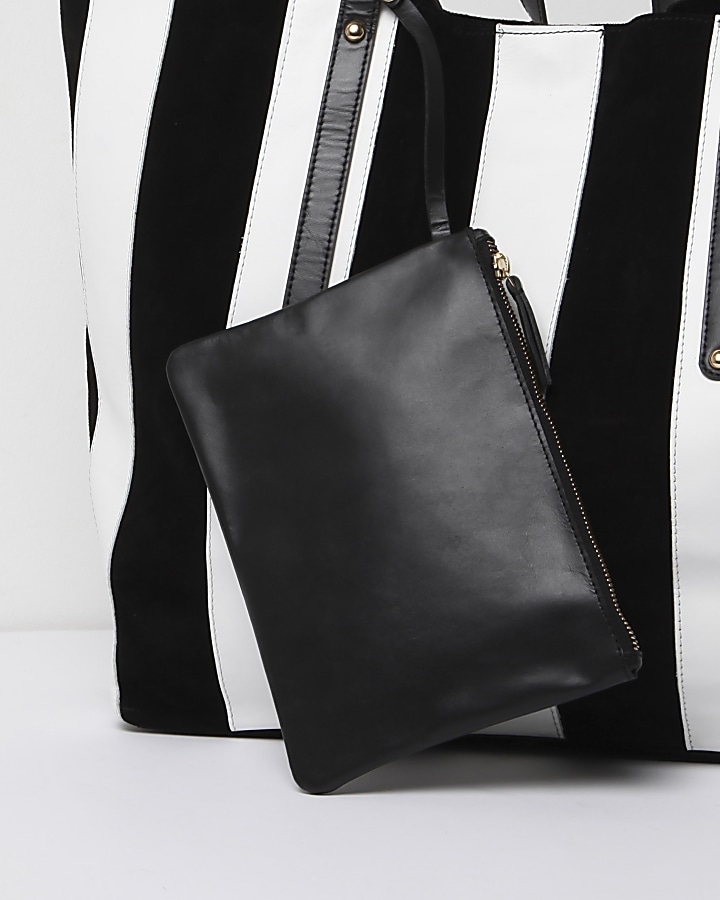 Black and white stripe leather tote bag