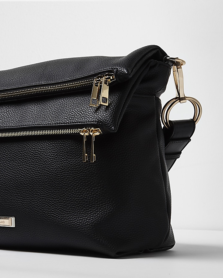 Black double zip pocket slouch messenger bag