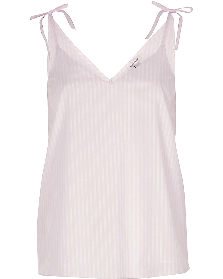 Pink stripe print bow shoulder cami top
