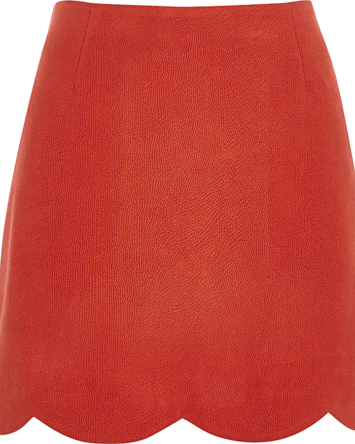 Red faux suede scallop hem mini skirt