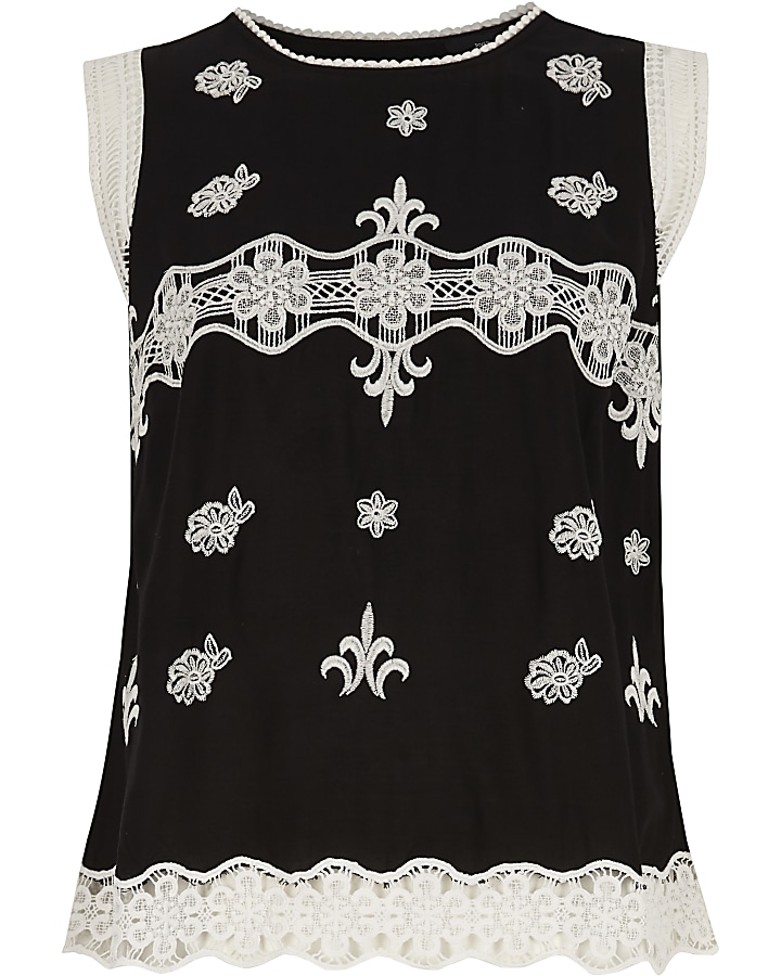 Black embroidered crochet detail top