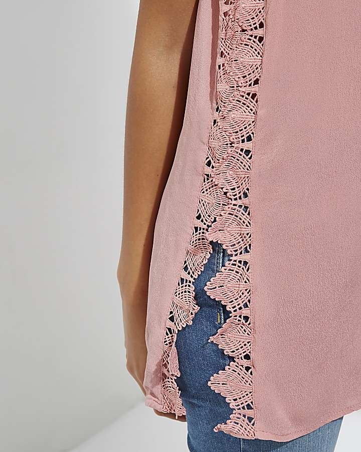 Pink lace side tie neck sleeveless top