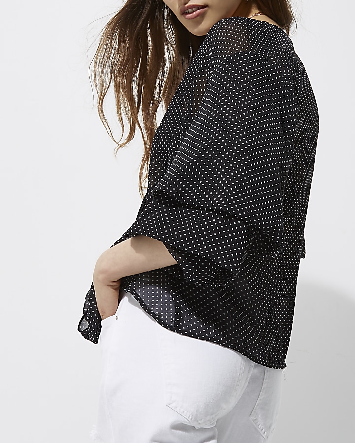 Black spot tie front puff sleeve blouse