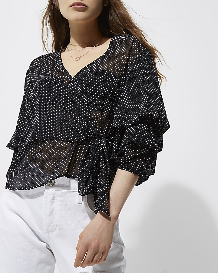 Black spot tie front puff sleeve blouse