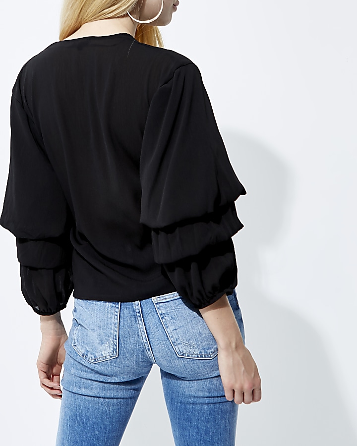 Black puff sleeve tie front wrap top