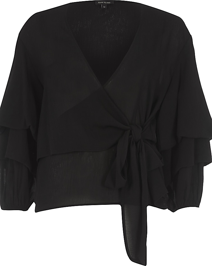 Black puff sleeve tie front wrap top
