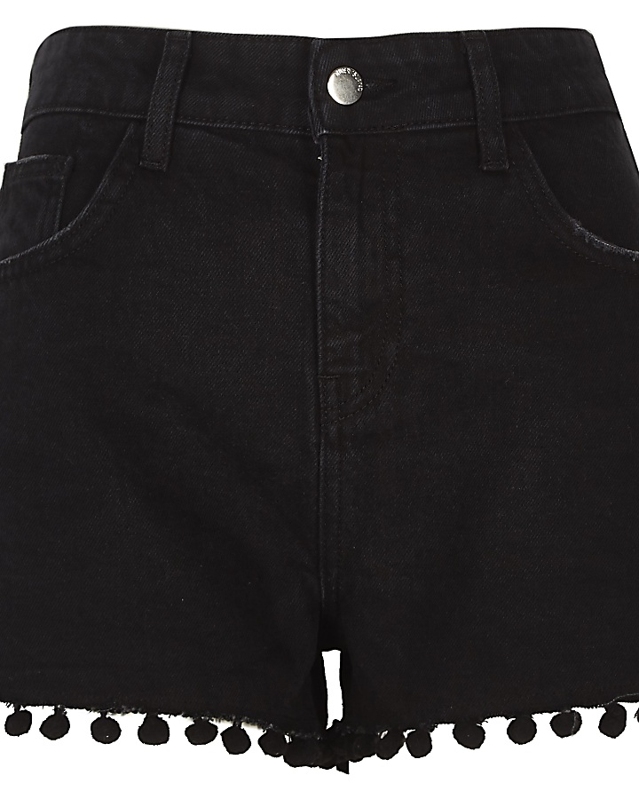 Black wash pom pom high waisted denim shorts