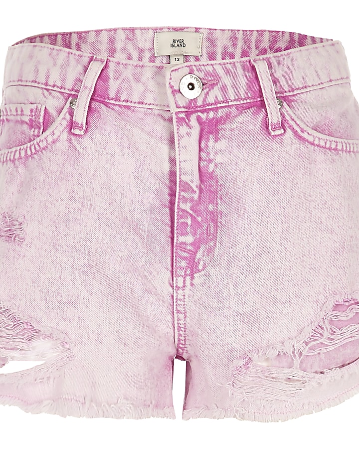 Pink acid wash distressed denim shorts