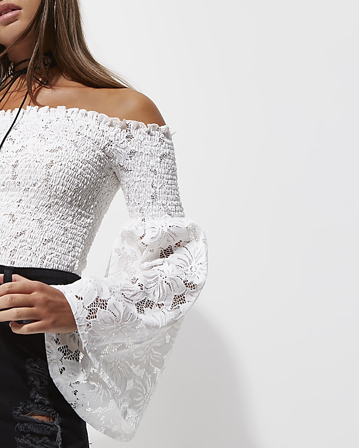 White lace bardot bell sleeve crop top