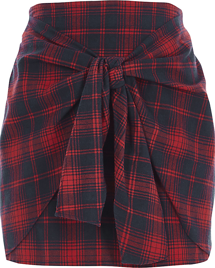 Red check tie front mini skirt