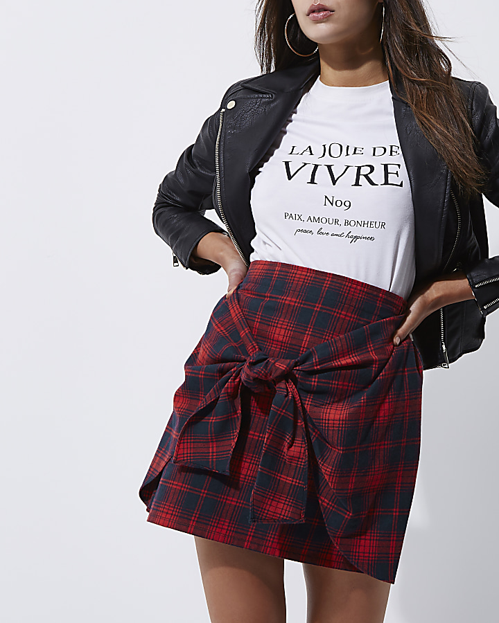 Red check tie front mini skirt