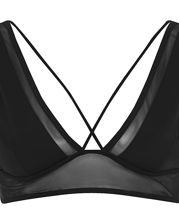 Black mesh insert strappy longline bikini top