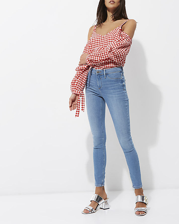 Red check print puff sleeve top