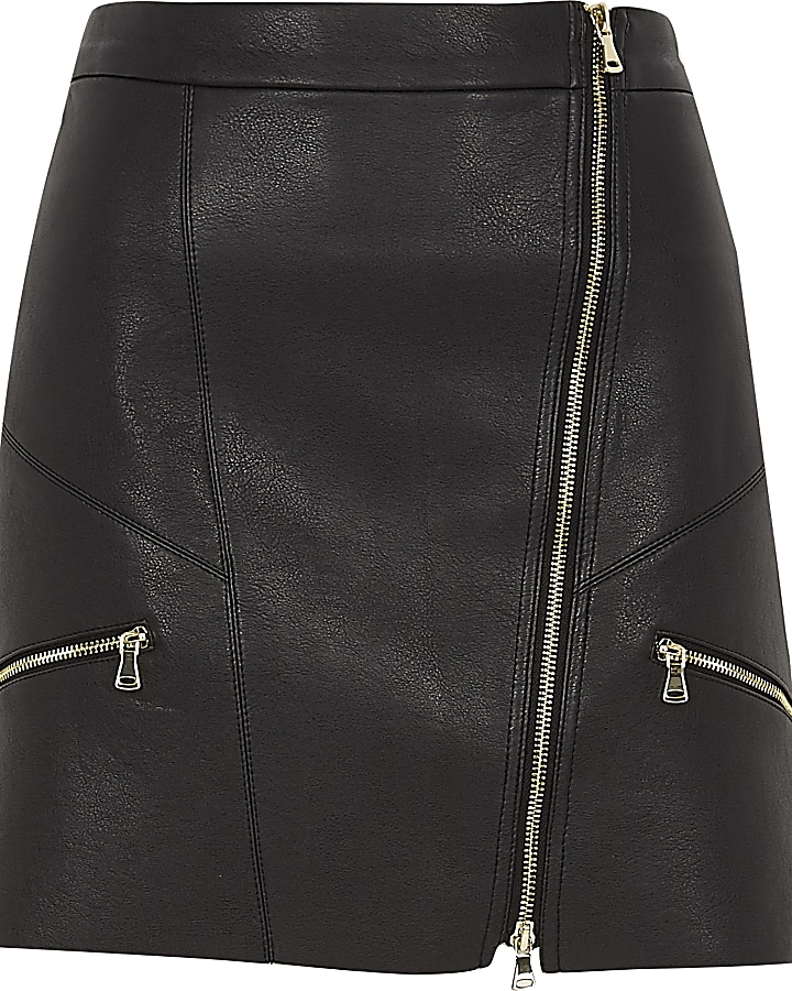 Black faux leather zip front mini skirt
