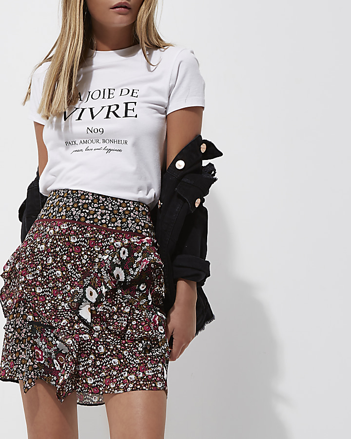 Black floral print frill mini skirt