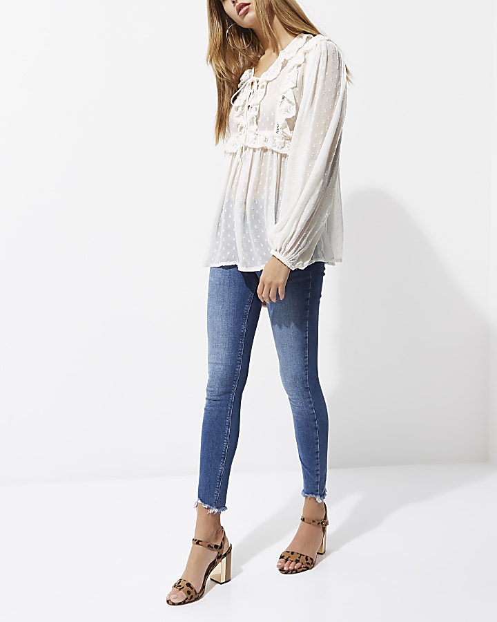 White dobby mesh lace frill top