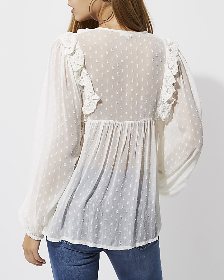 White dobby mesh lace frill top