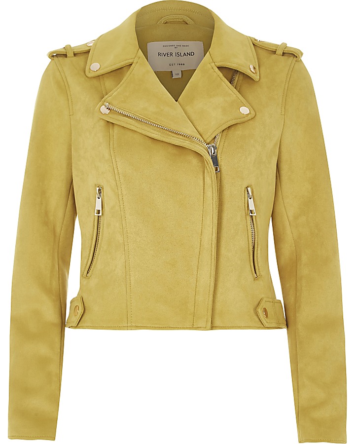 Yellow faux suede biker jacket