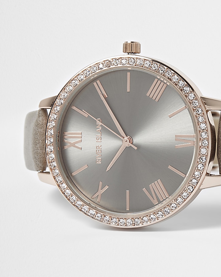 Grey and rose gold tone diamante face watch