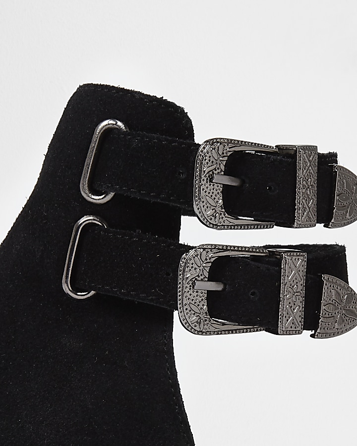 Black suede western style peep toe shoe boot