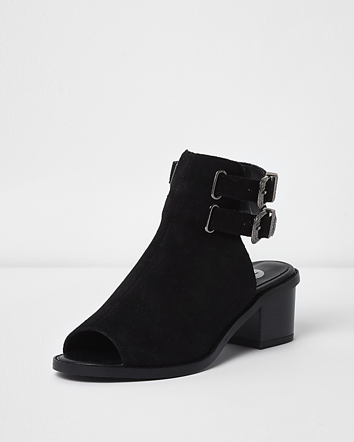 Black suede western style peep toe shoe boot