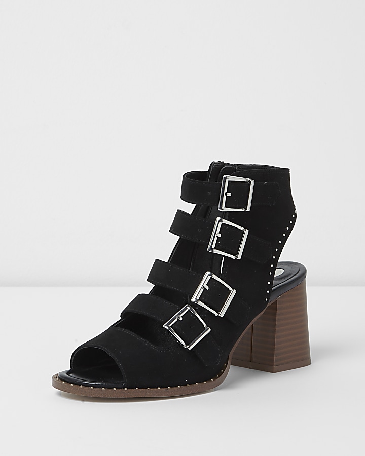 Black multi buckle block heel sandals
