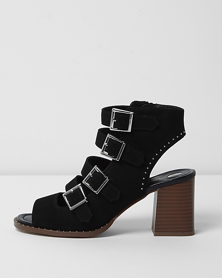 Black multi buckle block heel sandals