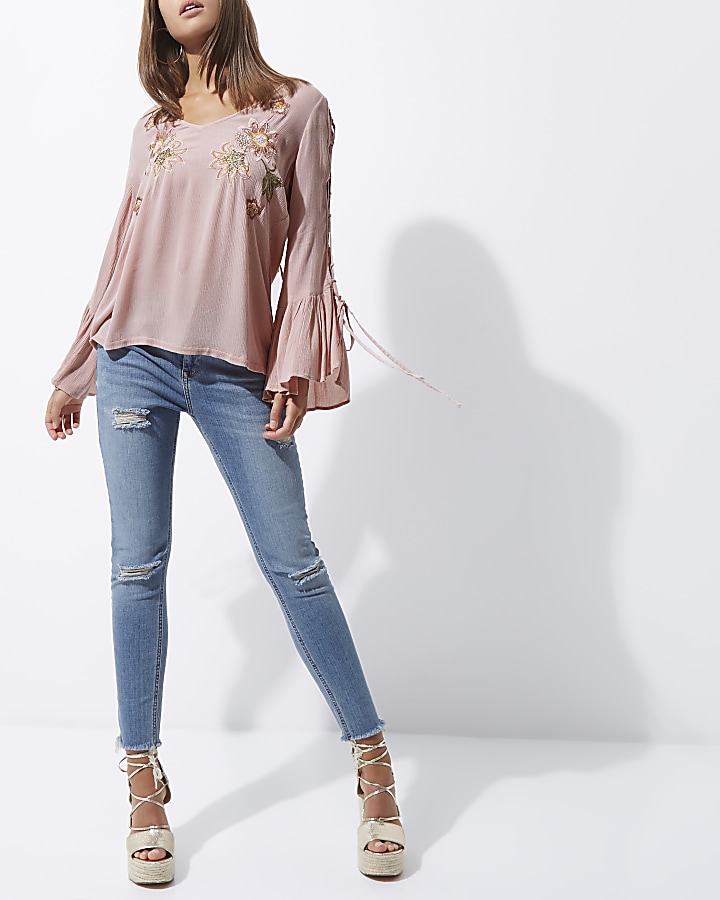 Pink floral embroidered flared sleeve top