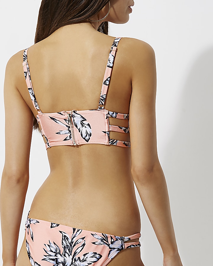 Pink tropical print lace plunge bikini top