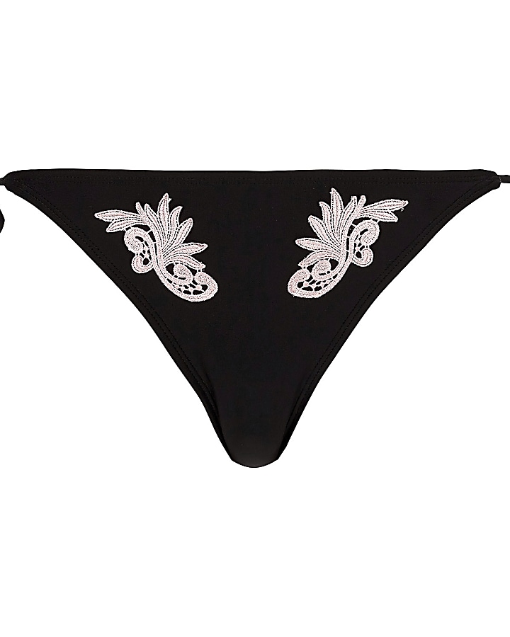 Black lace applique tie side bikini bottoms