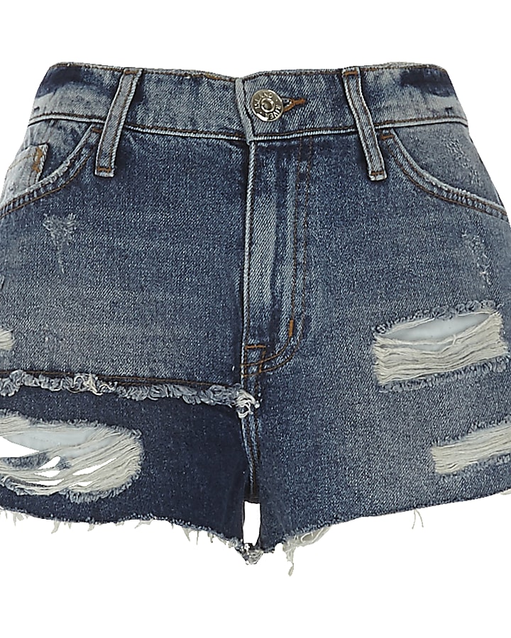 Blue authentic ripped patchwork denim shorts