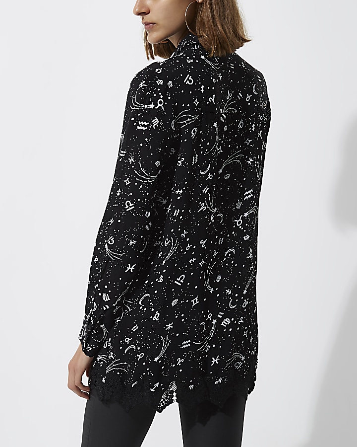 Black zodiac print lace insert shirt