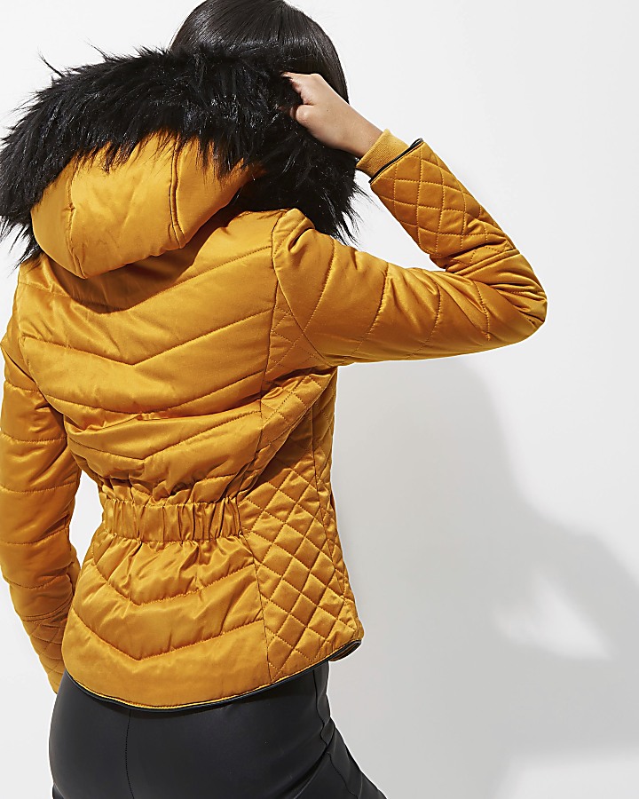 Yellow quilted faux fur trim puffer jacket