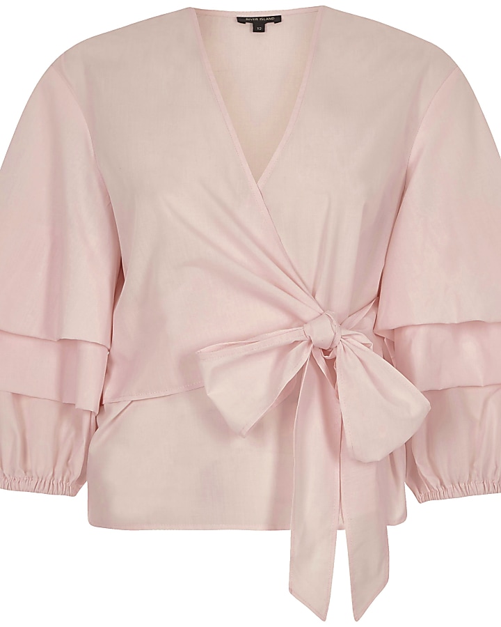 Pink puff frill sleeve tie front top