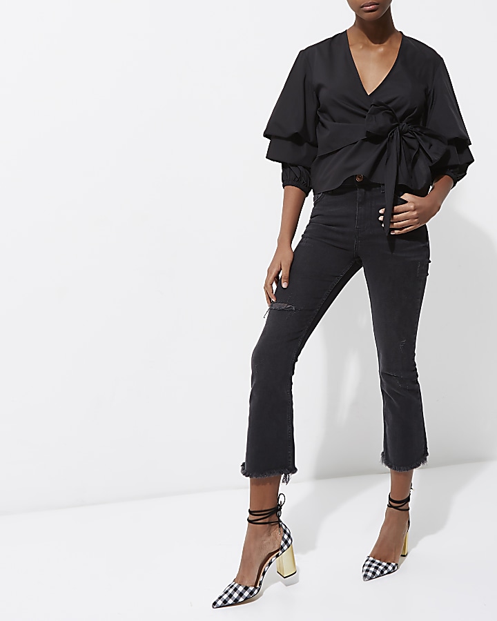 Black puff frill sleeve tie front top