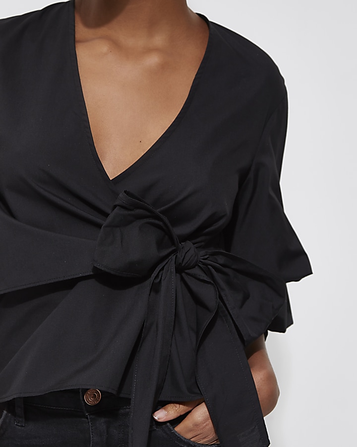 Black puff frill sleeve tie front top