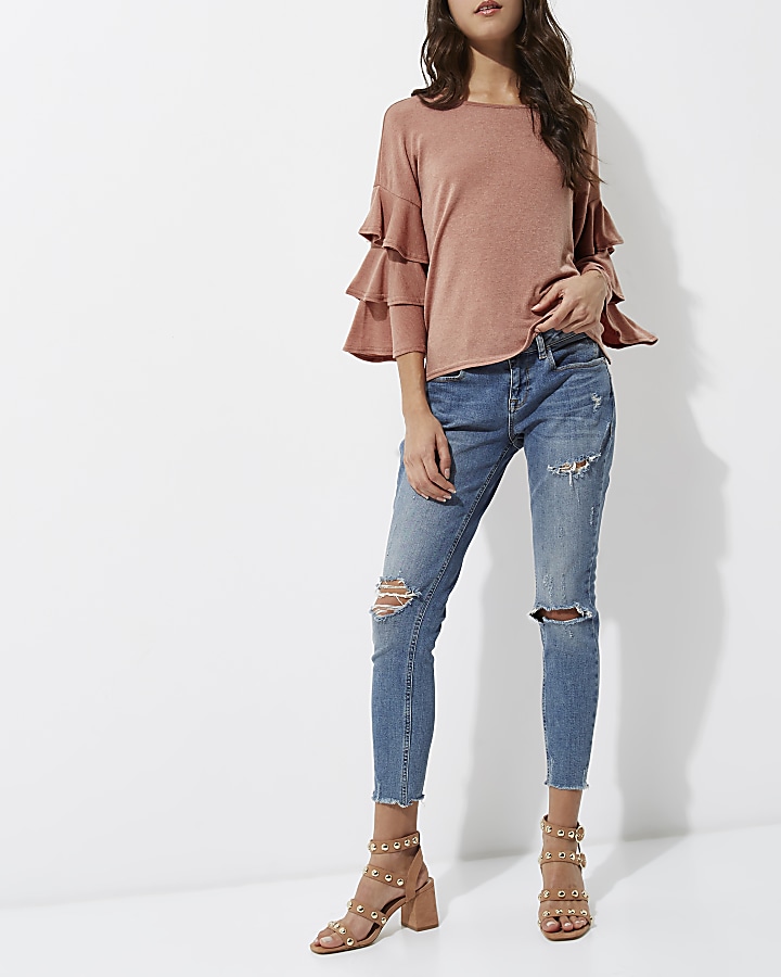 Beige knit tiered frill sleeve top