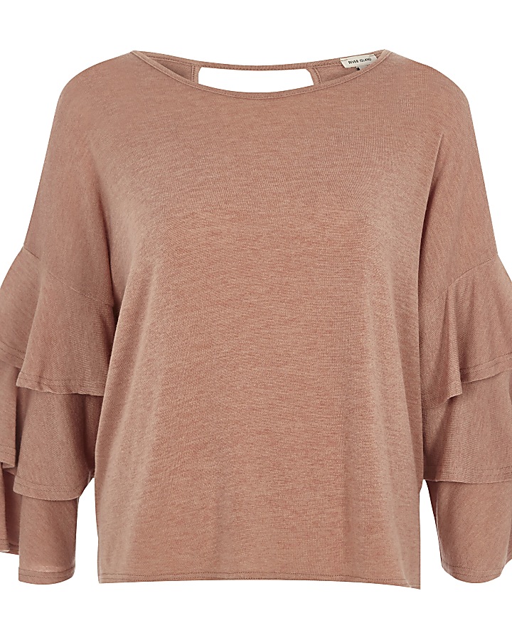 Beige knit tiered frill sleeve top