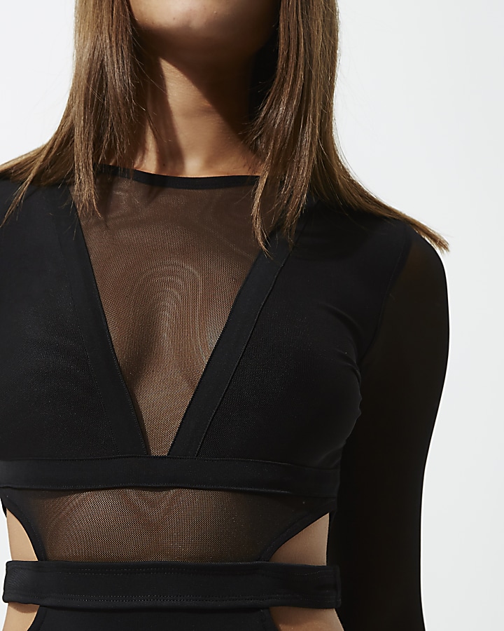 Black mesh long sleeve cut out bodysuit