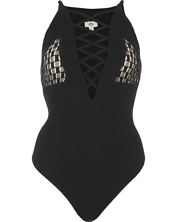 Black and nude mesh lattice bodysuit