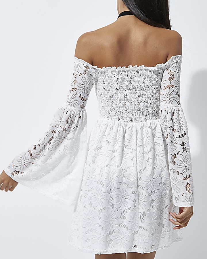 White lace shirred bardot bell sleeve dress