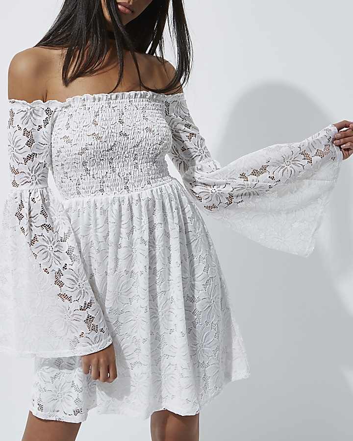 White lace shirred bardot bell sleeve dress