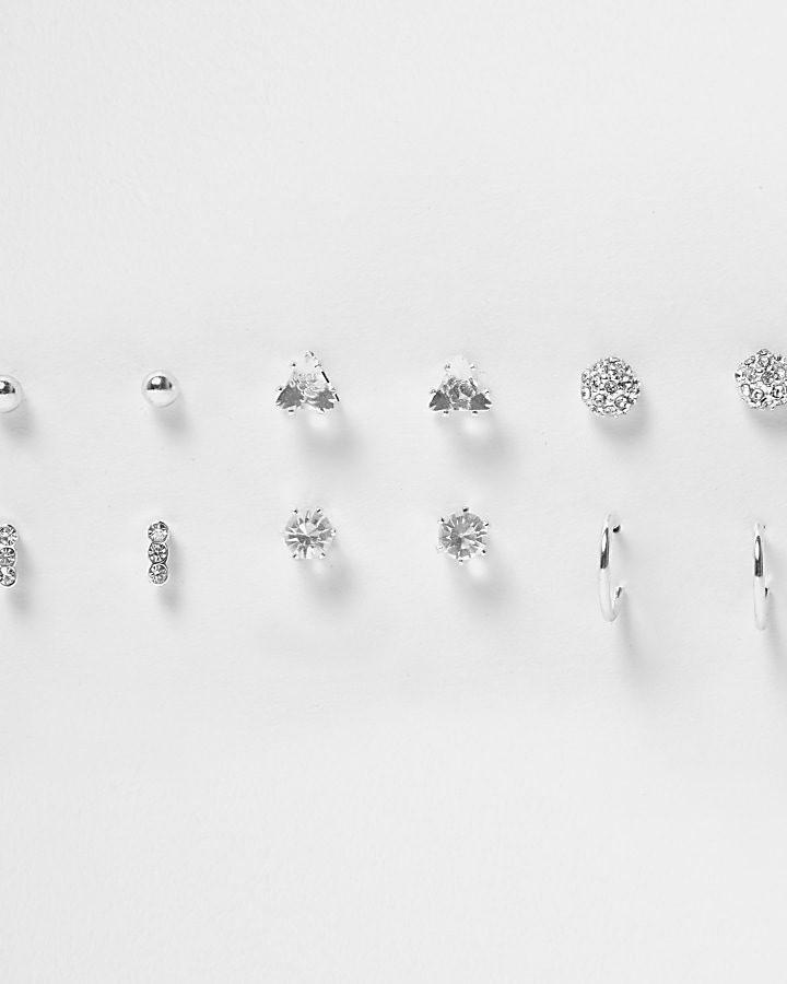 Silver tone diamante stud earrings pack