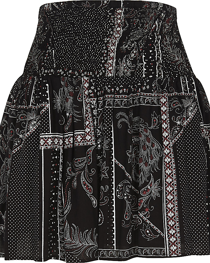 Black scarf print shirred waist mini skirt