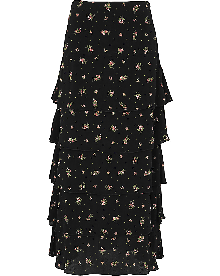 Black ditsy floral print tiered maxi skirt