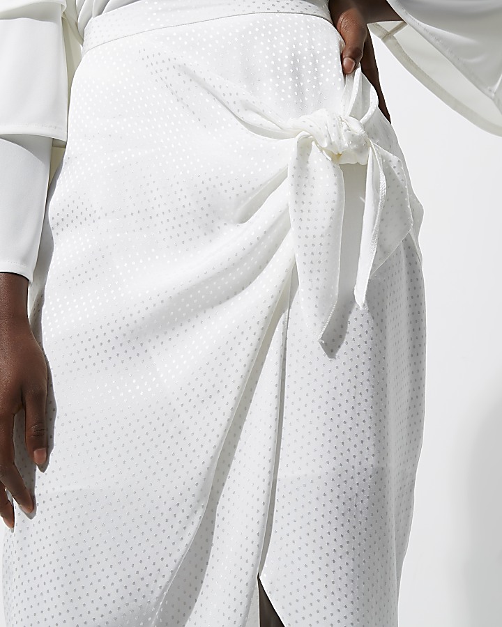 White wrap front tie side midi skirt