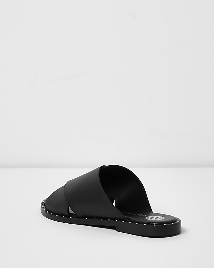 Black leather cross strap studded mules