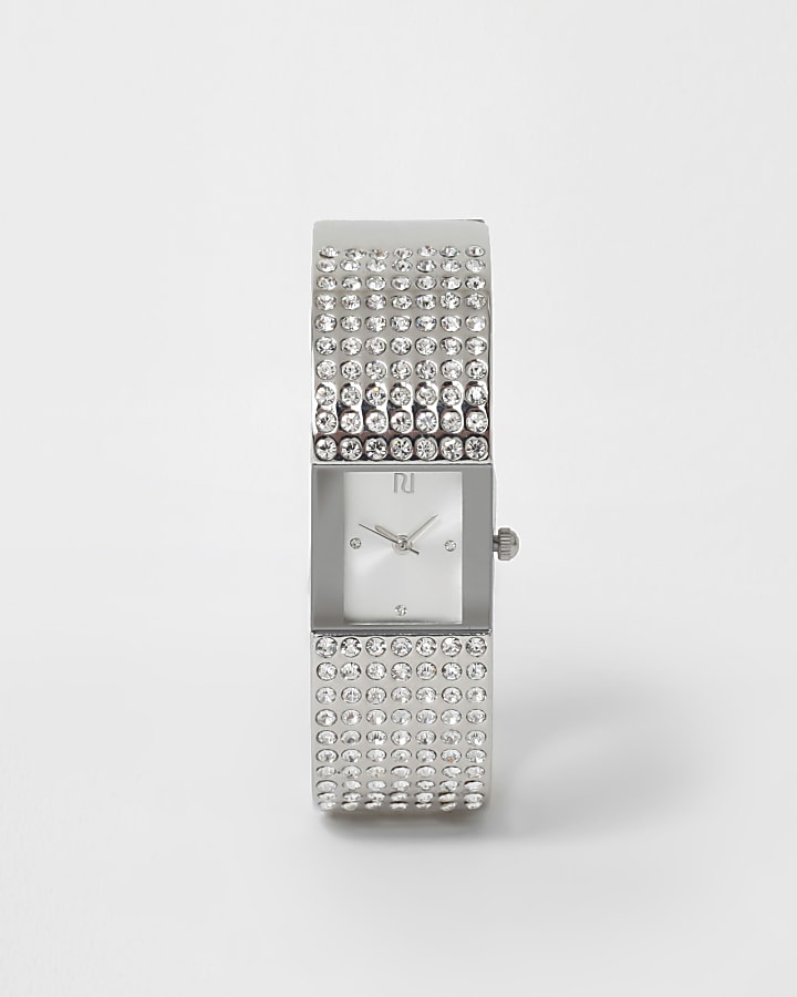 Silver tone pave bangle diamante watch