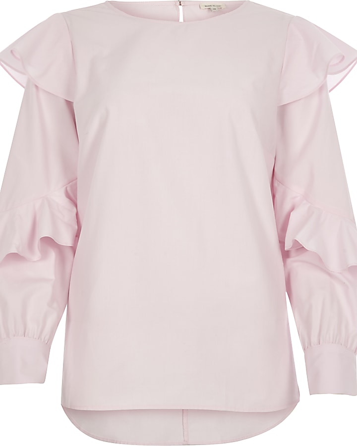 Pink frill sleeve poplin shirt